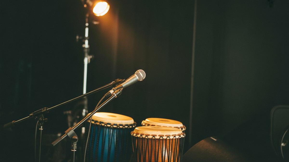 Percussion and a microphone under warm stage light
