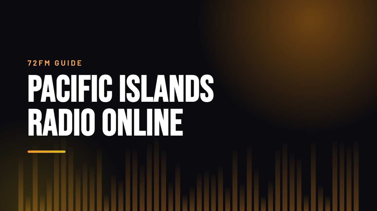 Title card for the guide: Pacific Islands Radio Online, in amber on black with an equaliser motif