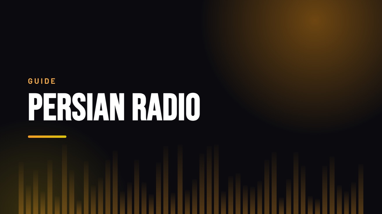 Title card for the guide: Persian Radio Online, in amber on black with an equaliser motif
