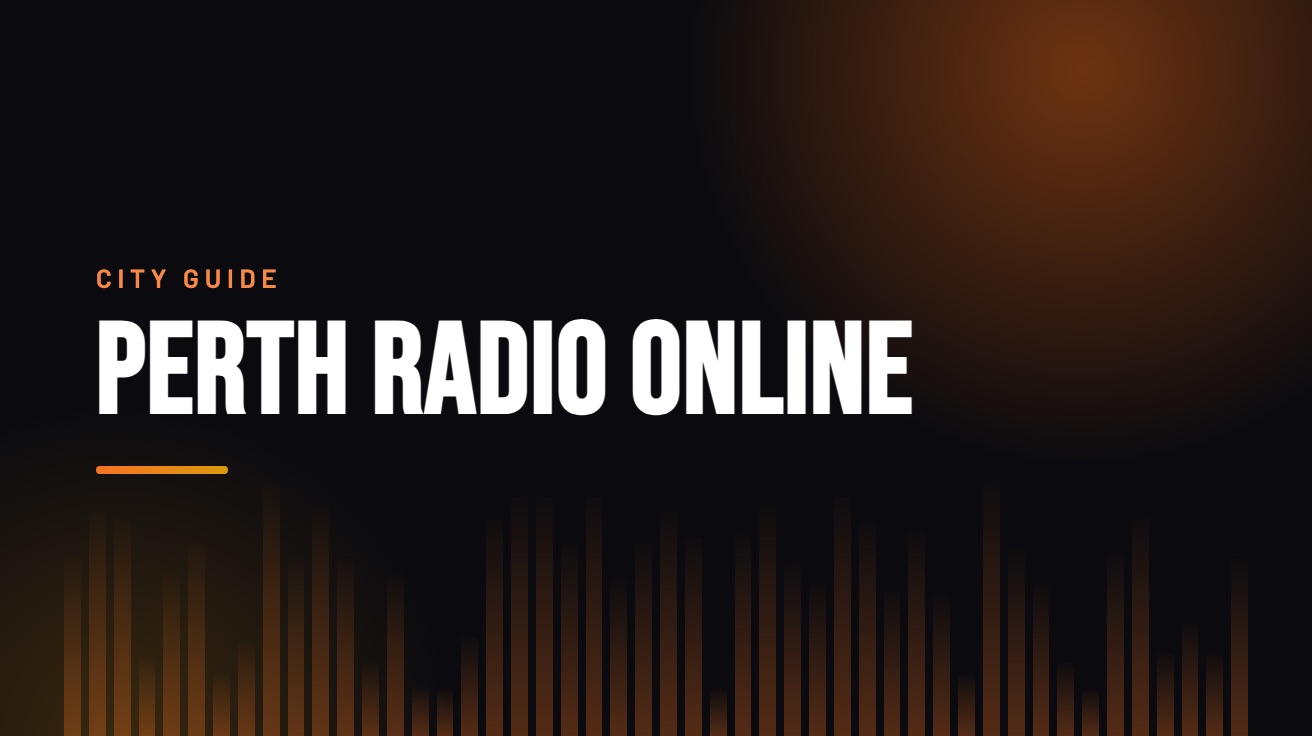 Title card for the guide: Perth Radio Online, in amber on black with an equaliser motif