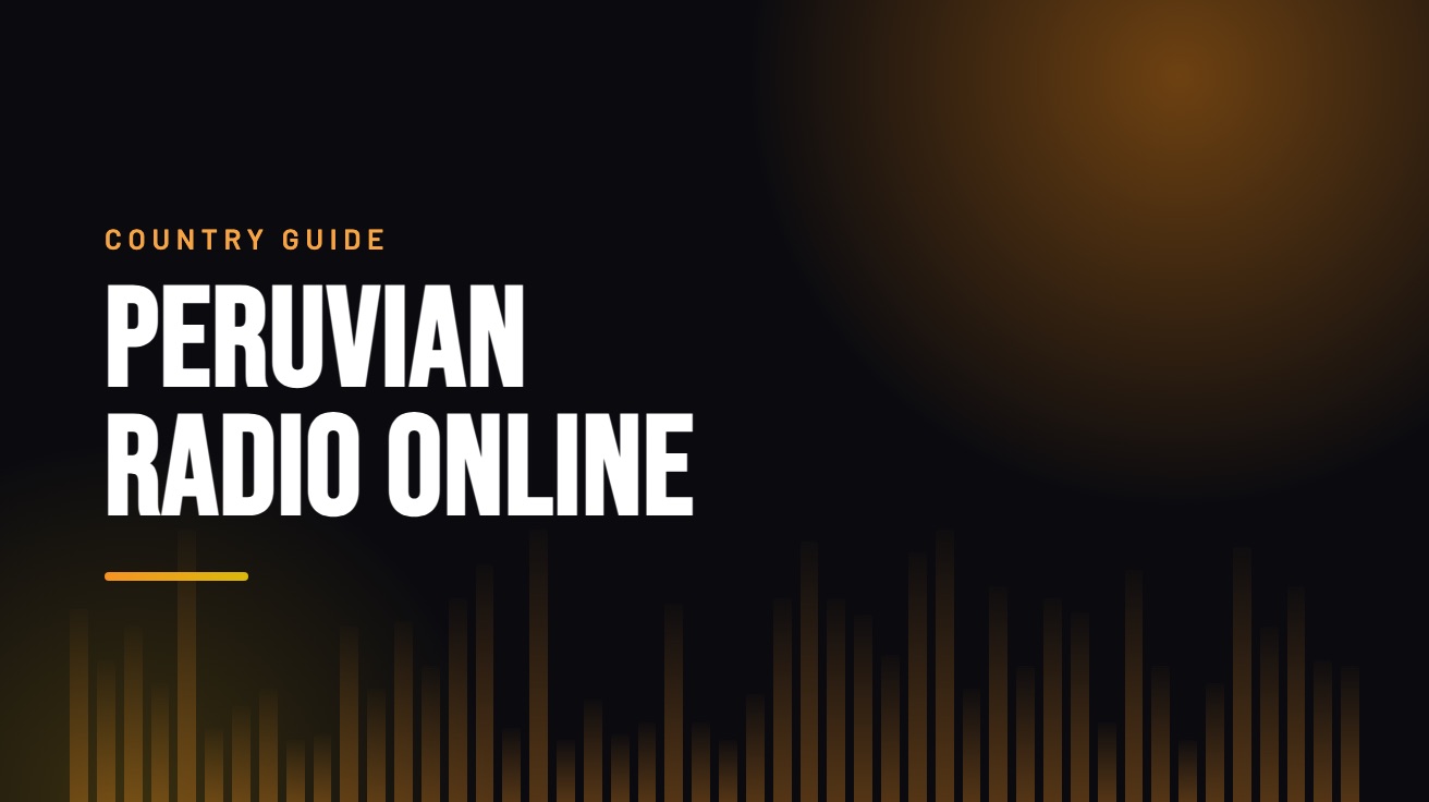 Title card for the guide: Peruvian Radio Online, in amber on black with an equaliser motif