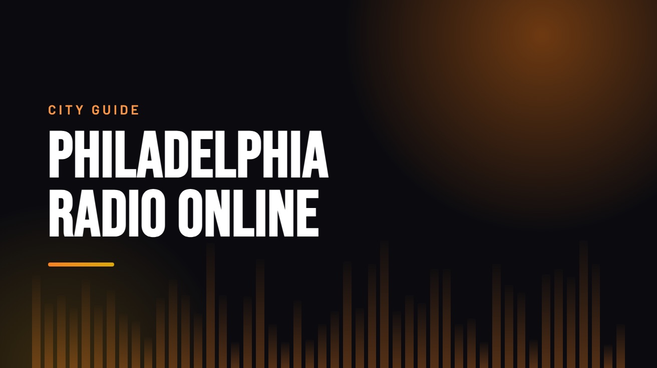Title card for the guide: Philadelphia Radio Online, in amber on black with an equaliser motif