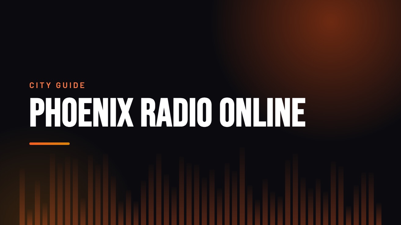 Title card for the guide: Phoenix Radio Online, in amber on black with an equaliser motif