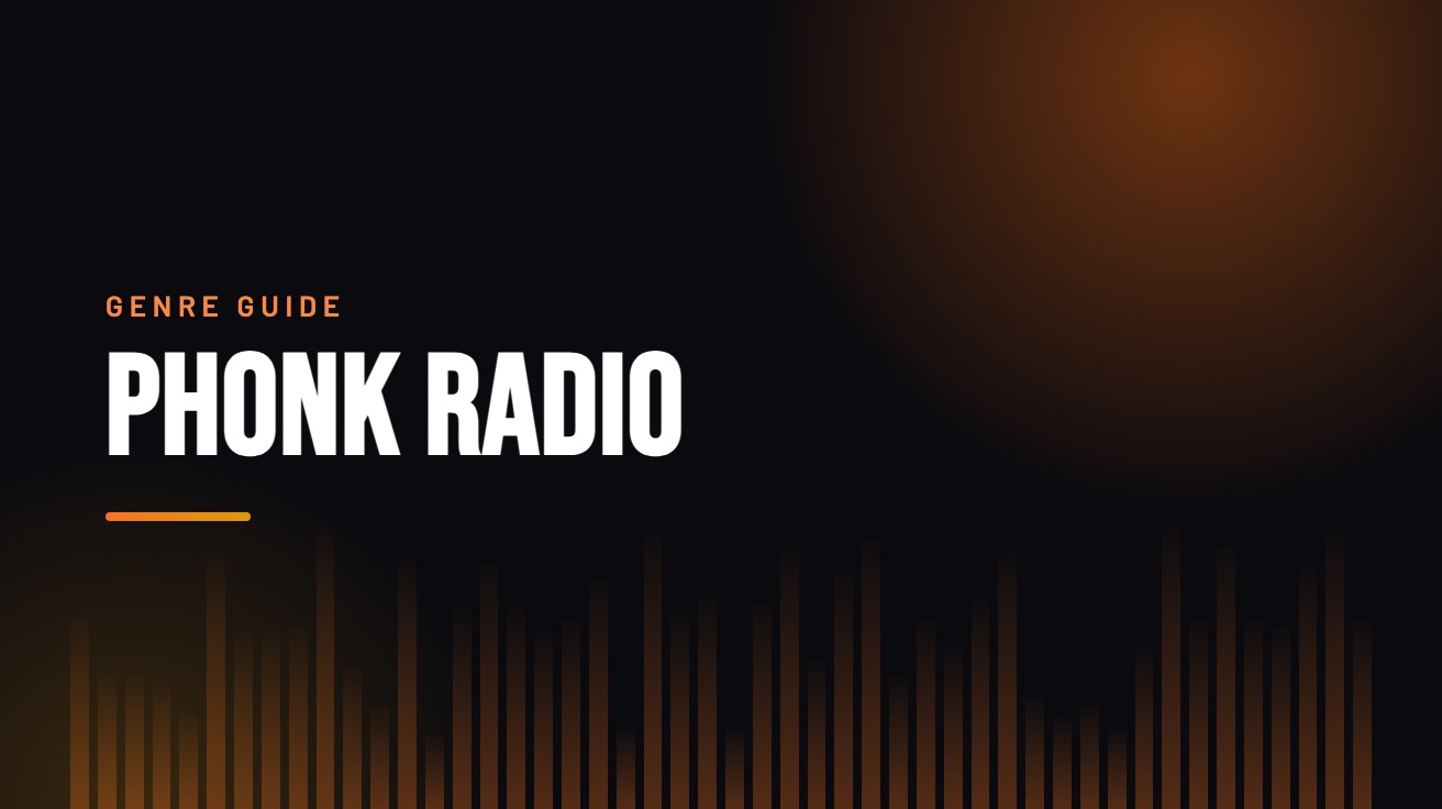 Title card for the guide: Phonk Radio, in amber on black with an equaliser motif