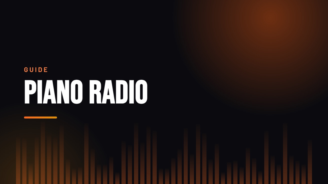 Title card for the guide: Piano Radio Online, in amber on black with an equaliser motif