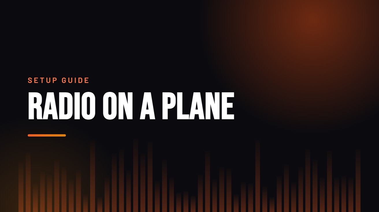 Title card for the guide: Can You Listen to Radio on a Plane, in amber on black with an equaliser motif
