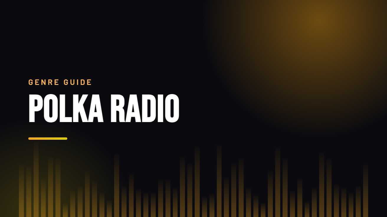 Title card for the guide: Polka Radio, in amber on black with an equaliser motif