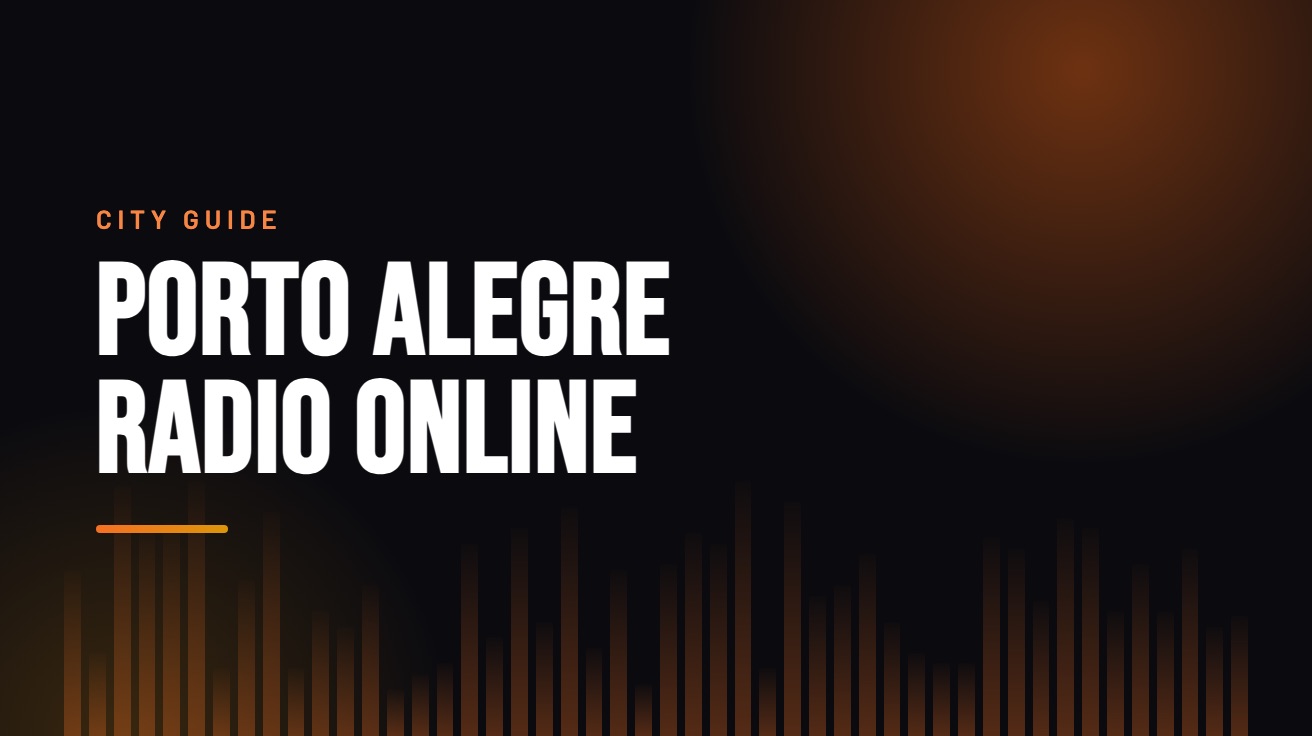 Title card for the guide: Porto Alegre Radio Online, in amber on black with an equaliser motif