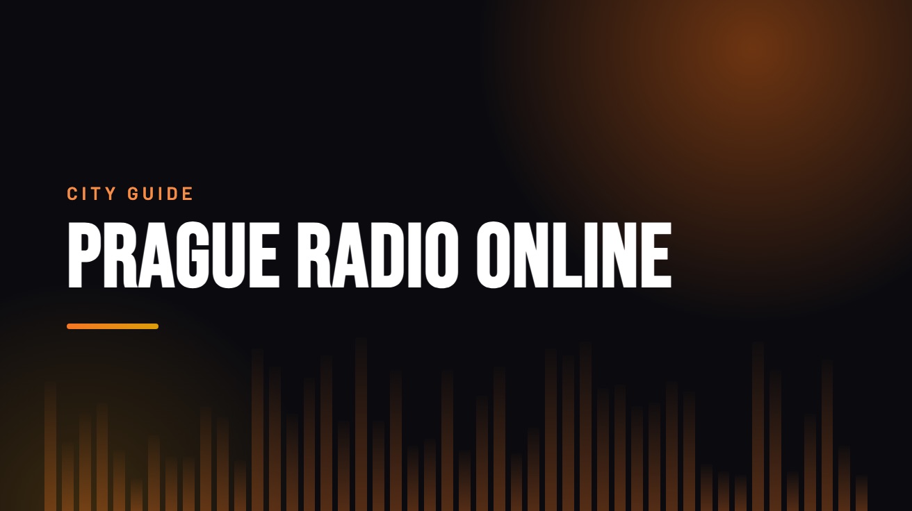 Title card for the guide: Prague Radio Online, in amber on black with an equaliser motif