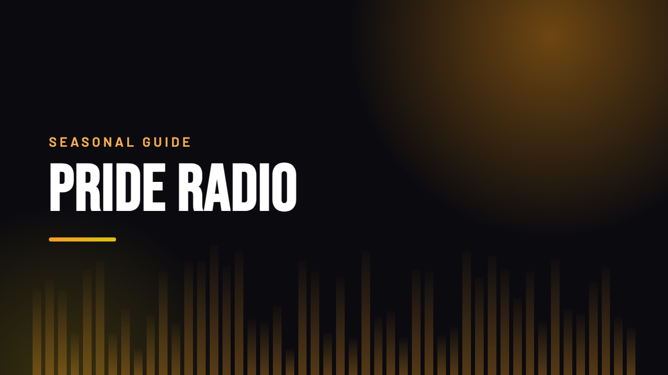 Title card for the guide: Pride Radio, in amber on black with an equaliser motif