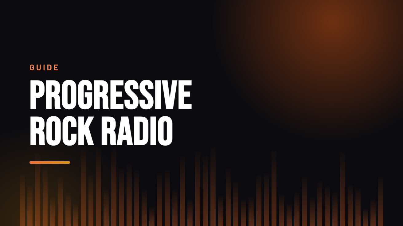 Title card for the guide: Progressive Rock Radio, in amber on black with an equaliser motif