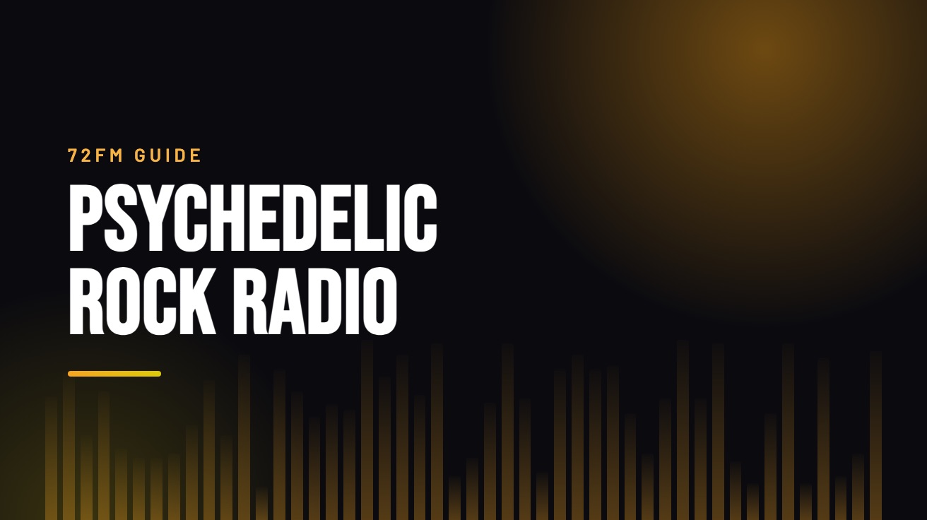 Title card for the guide: Psychedelic Rock Radio, in amber on black with an equaliser motif