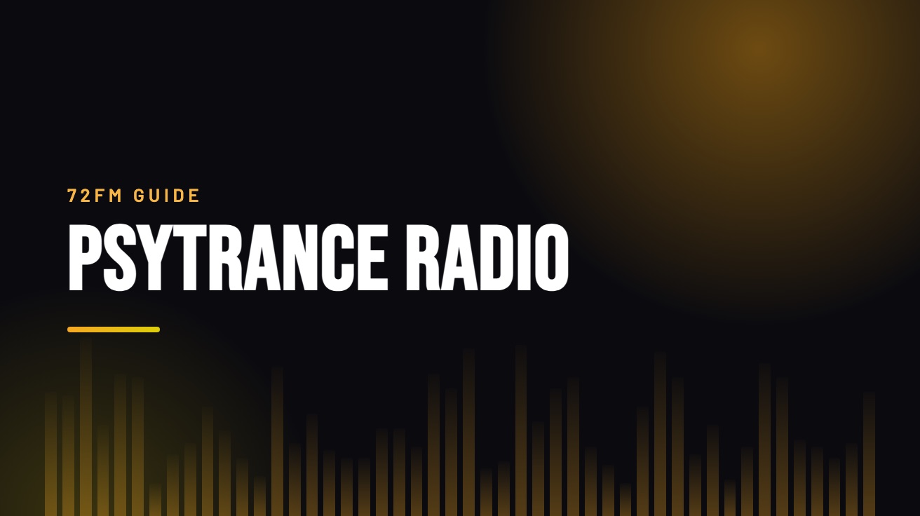 Title card for the guide: Psytrance Radio, in amber on black with an equaliser motif