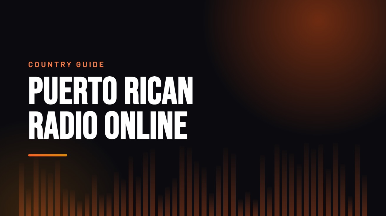 Title card for the guide: Puerto Rican Radio Online, in amber on black with an equaliser motif