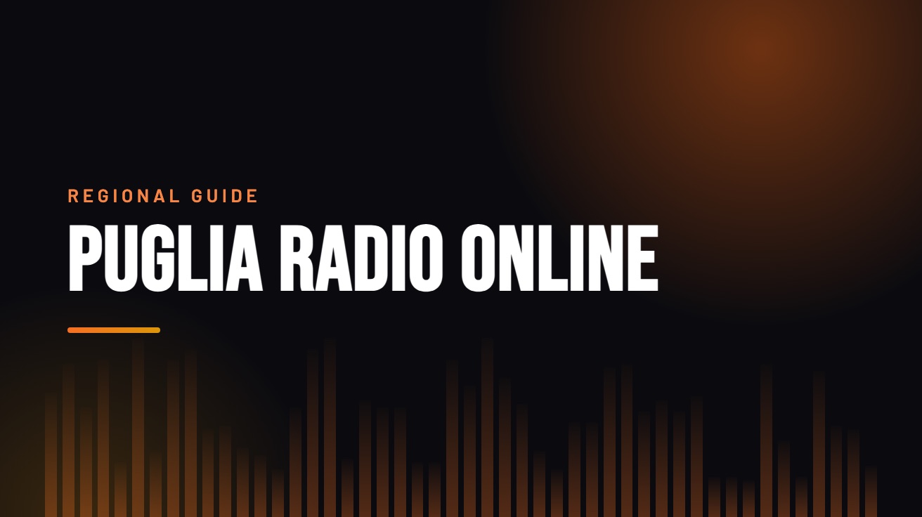 Title card for the guide: Puglia Radio Online, in amber on black with an equaliser motif