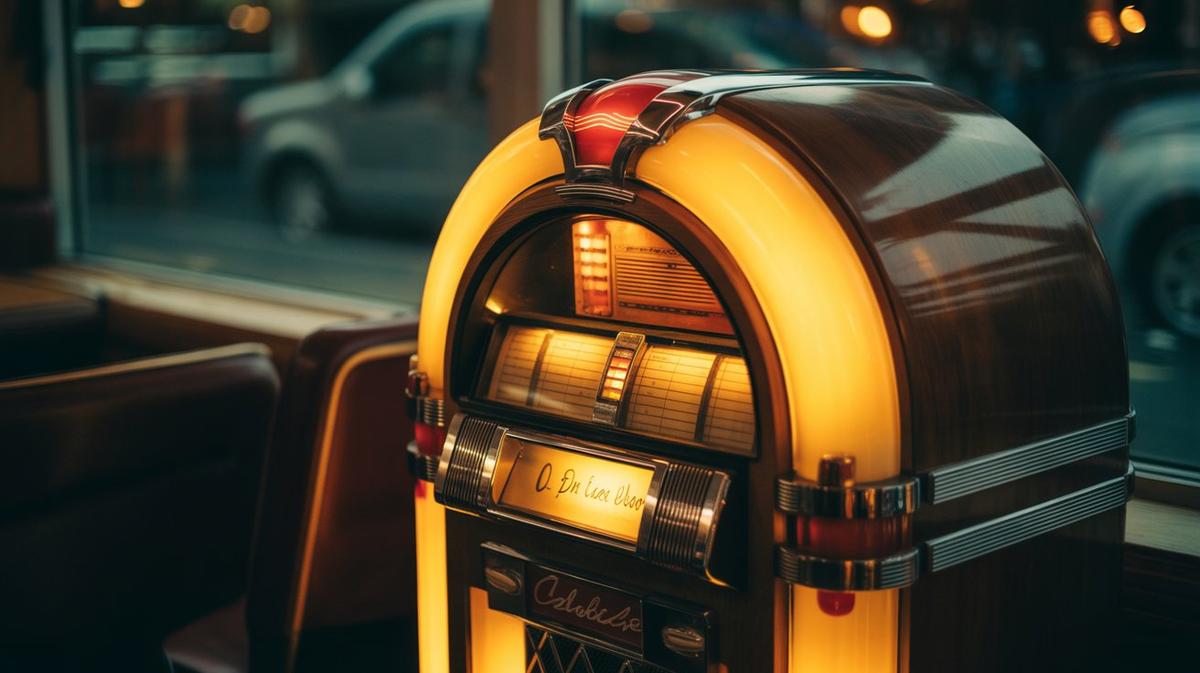 Classic diner jukebox glowing warm at night