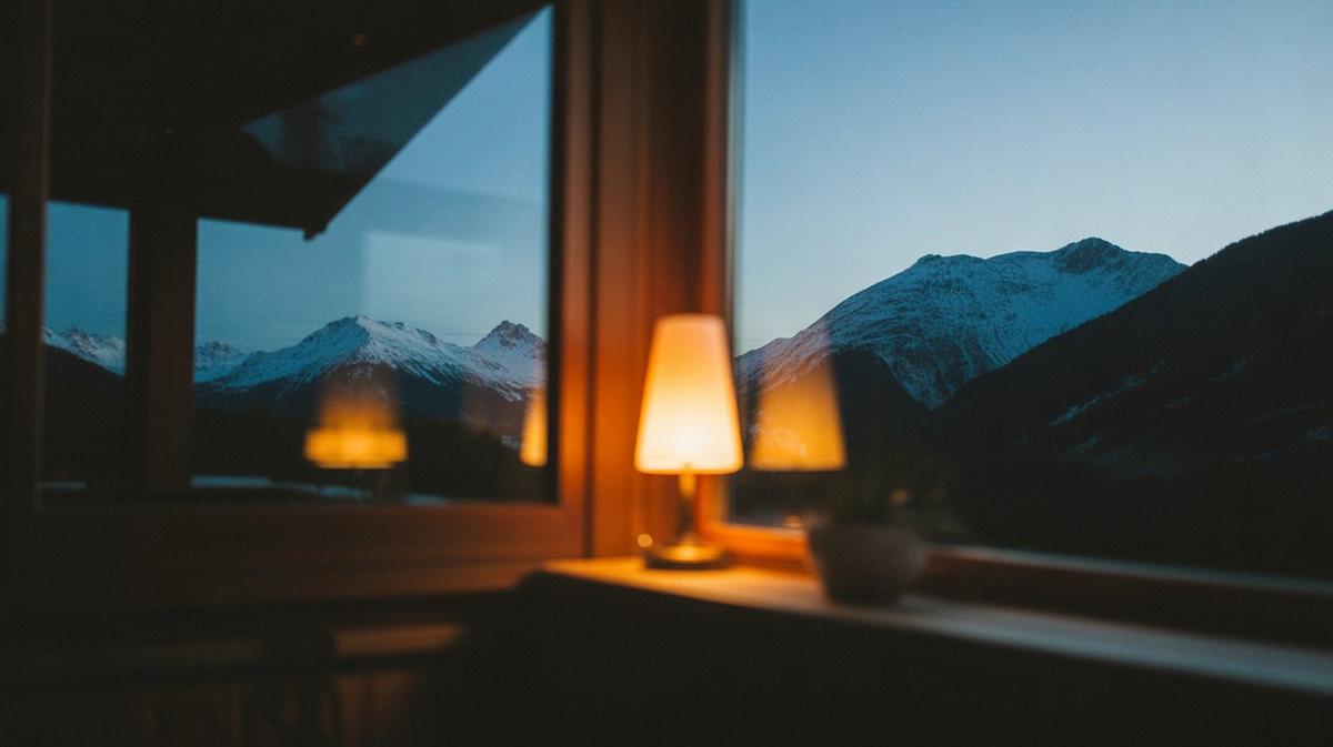 Alpine chalet interior with mountains outside