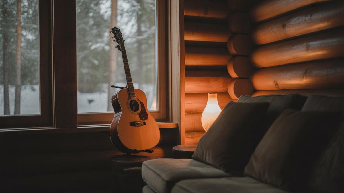 Cosy cabin with a guitar and snowy pines outside