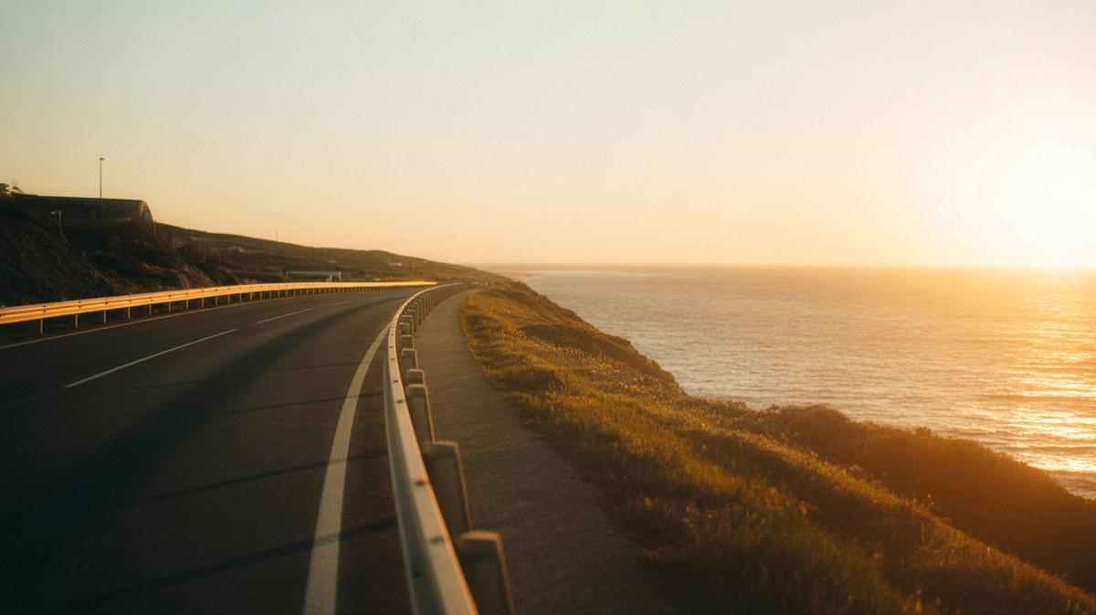 Coastal road at golden hour by the ocean