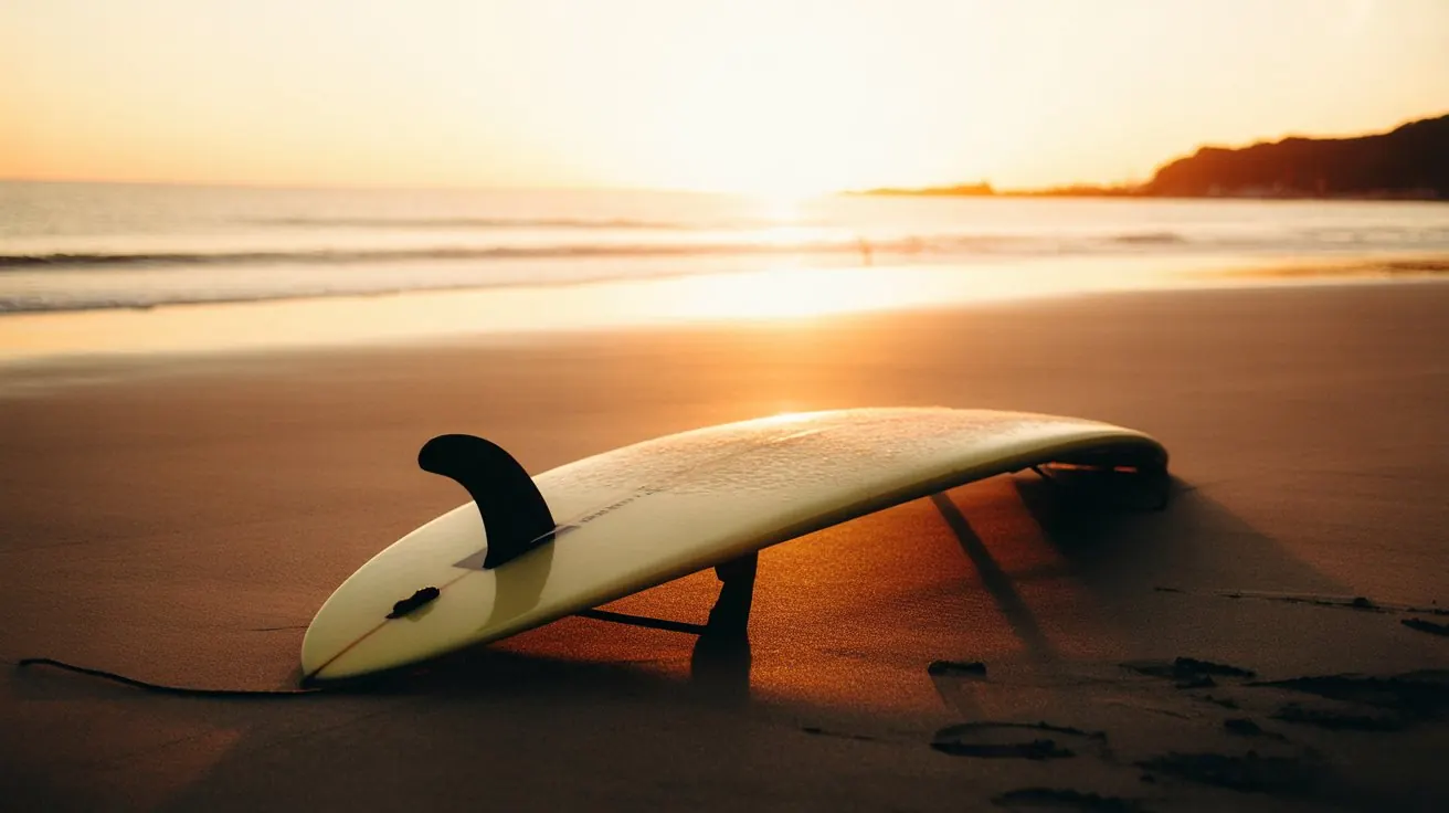 Surfboard against a warm sunset beach
