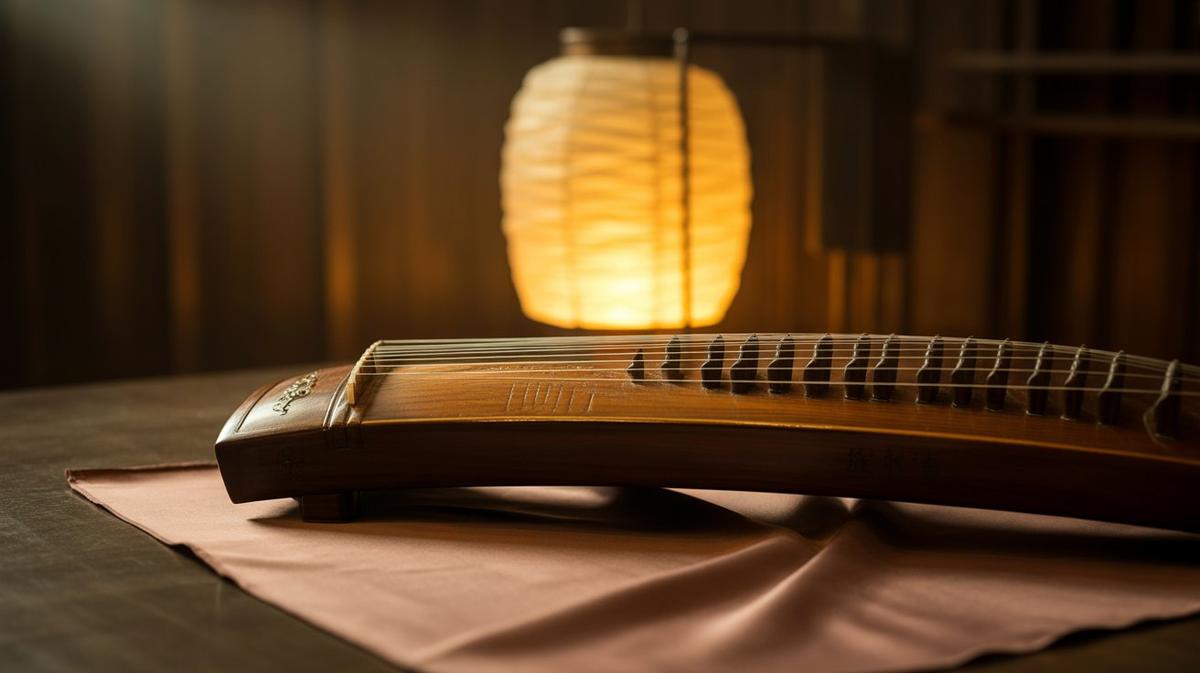 Guzheng zither on silk cloth in warm lantern light