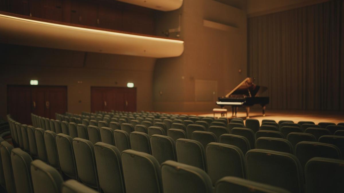 Grand concert hall with a piano on stage