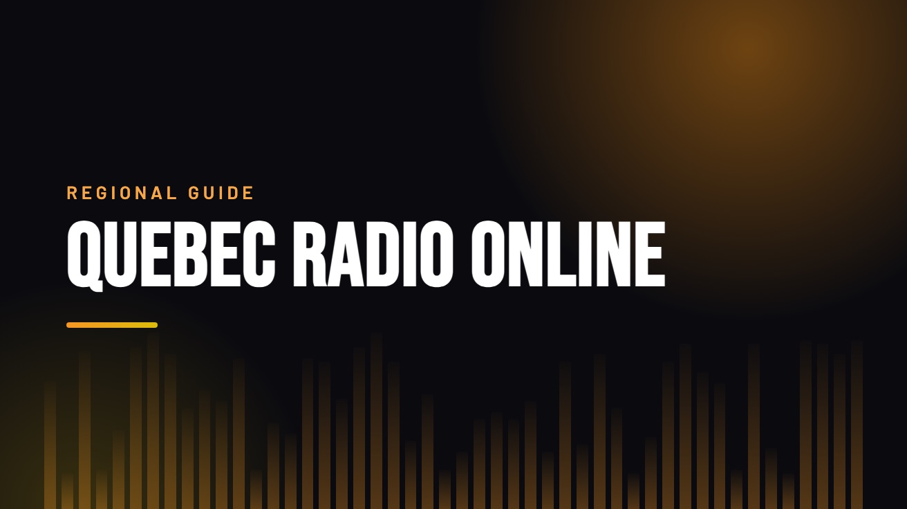 Title card for the guide: Quebec Radio Online, in amber on black with an equaliser motif