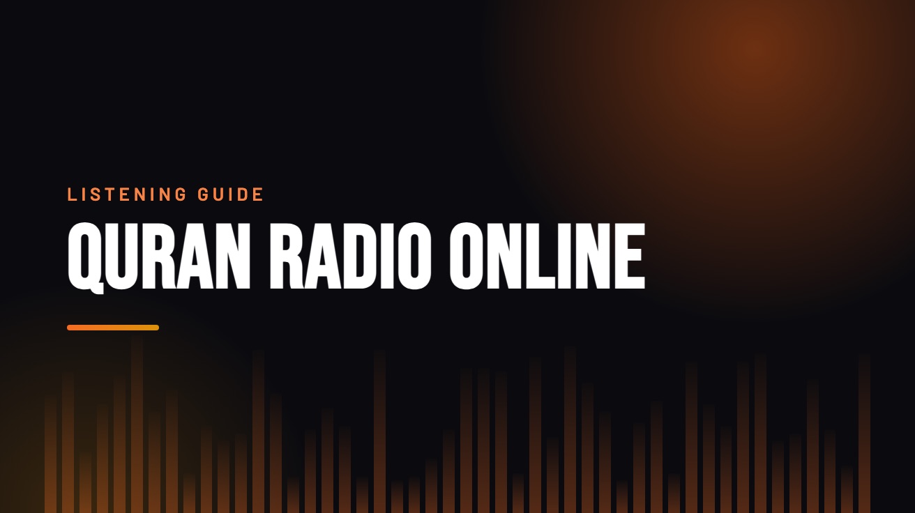 Title card for the guide: Quran Radio Online, in amber on black with an equaliser motif