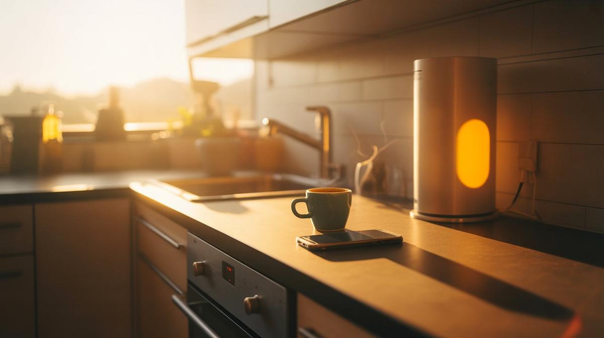 Sunlit dawn kitchen with coffee and music