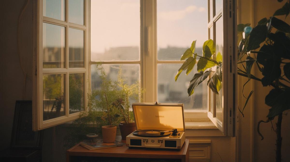 Sunlit room with plants and a record player