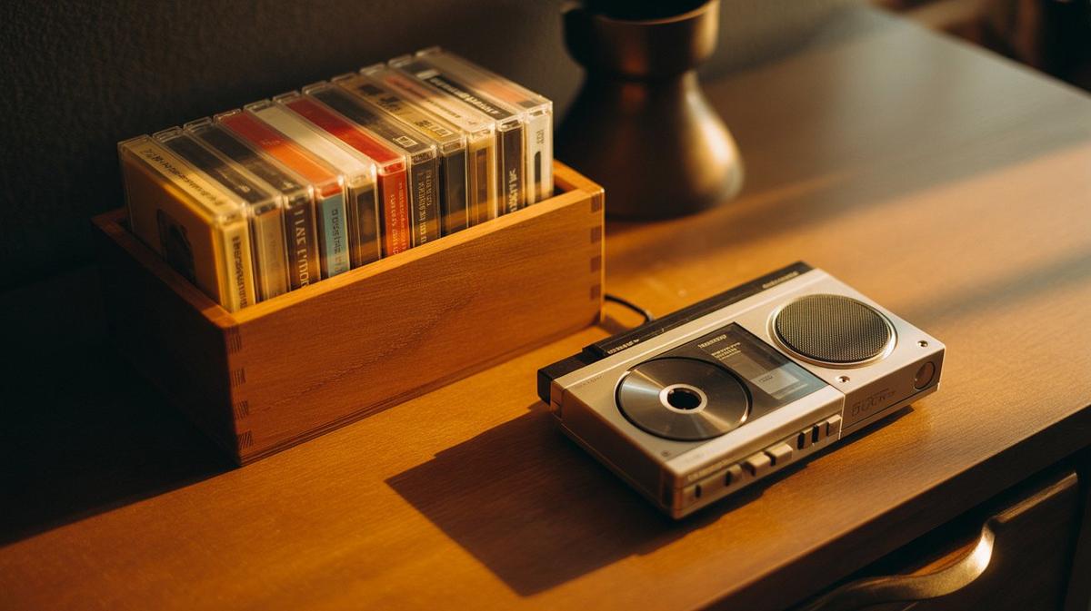 Old cassettes and a Walkman on warm wood