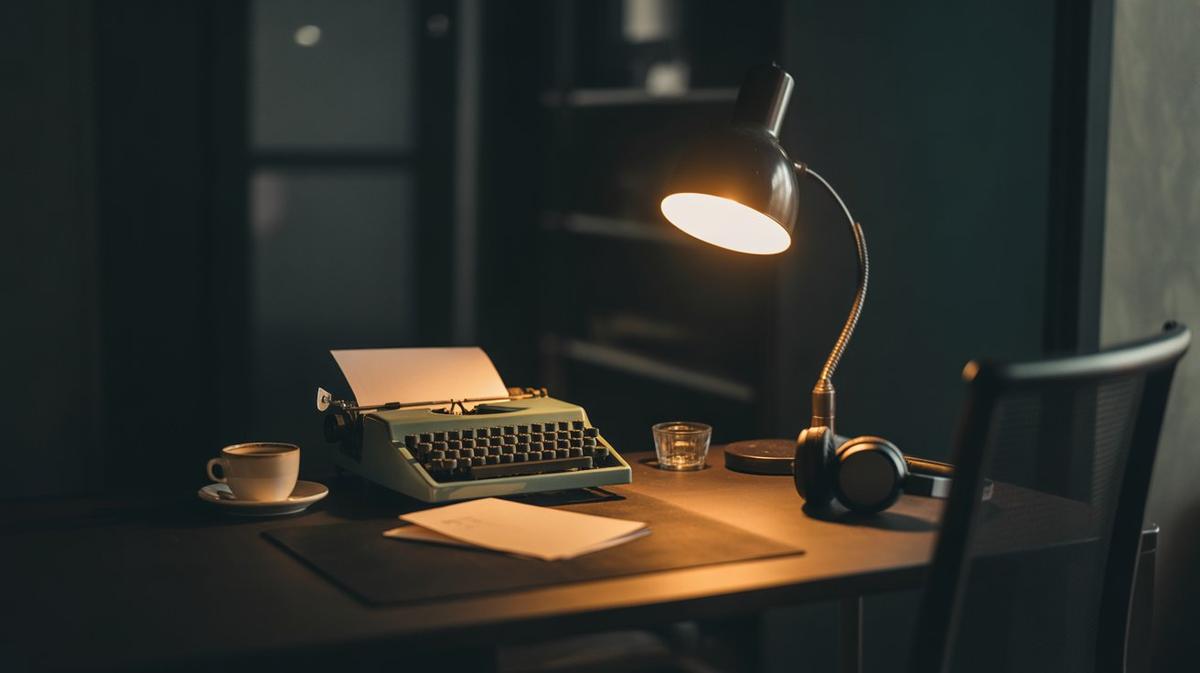 Writer's desk at night with a typewriter