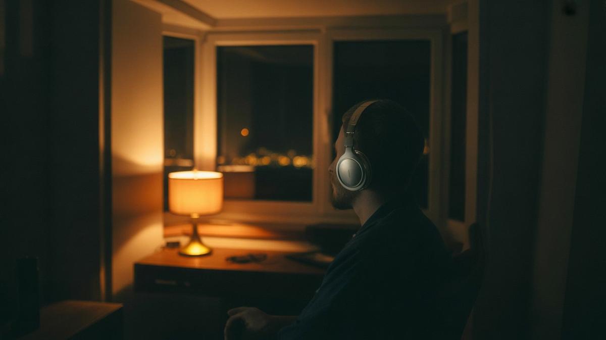 Dim late-night room with a lamp and city lights