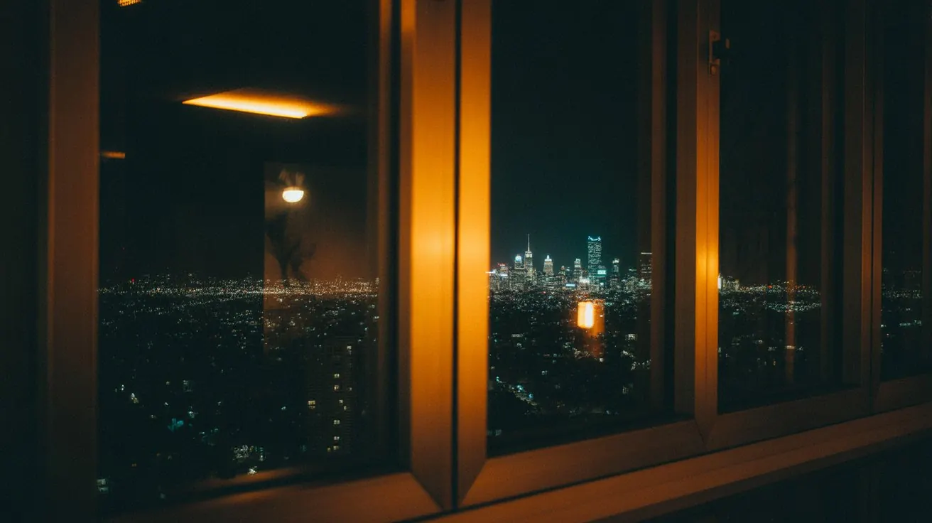 City skyline at night from a warm window