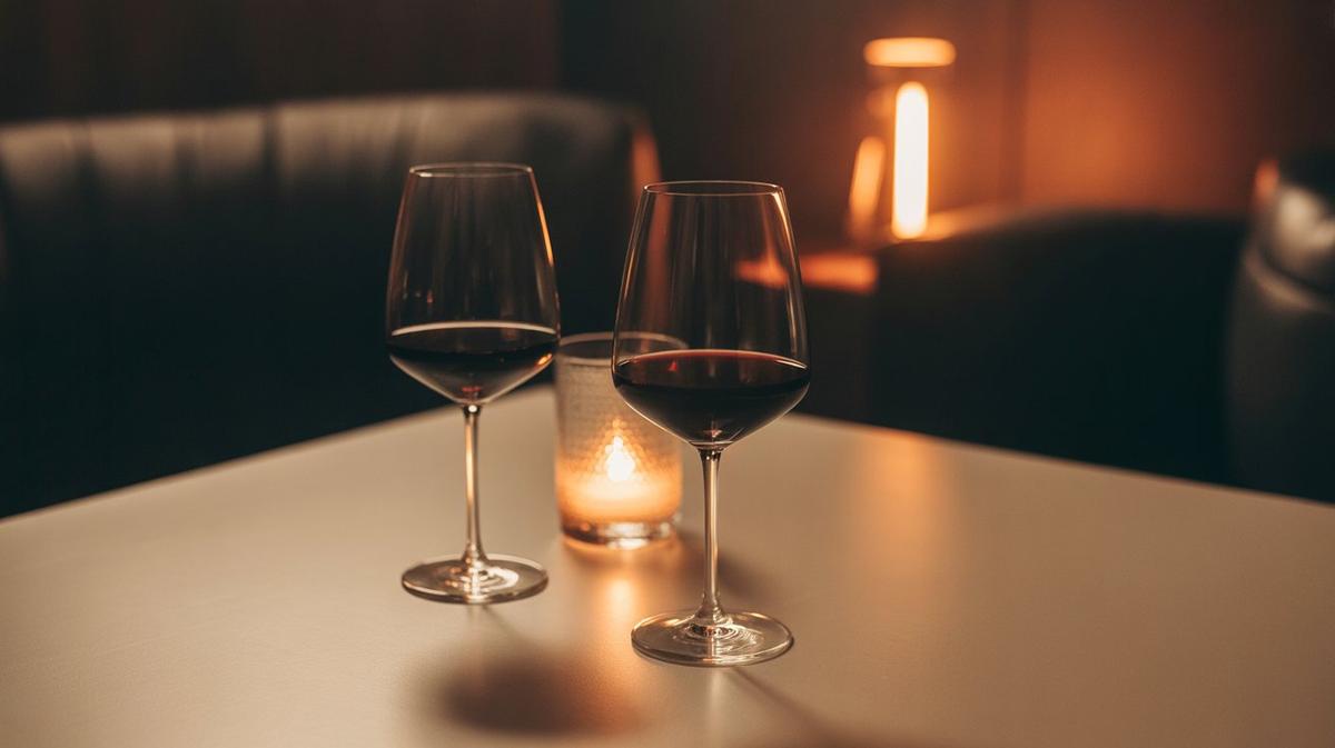 Two wine glasses on a candlelit table