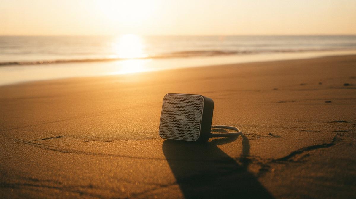 Beach at golden hour with a portable speaker