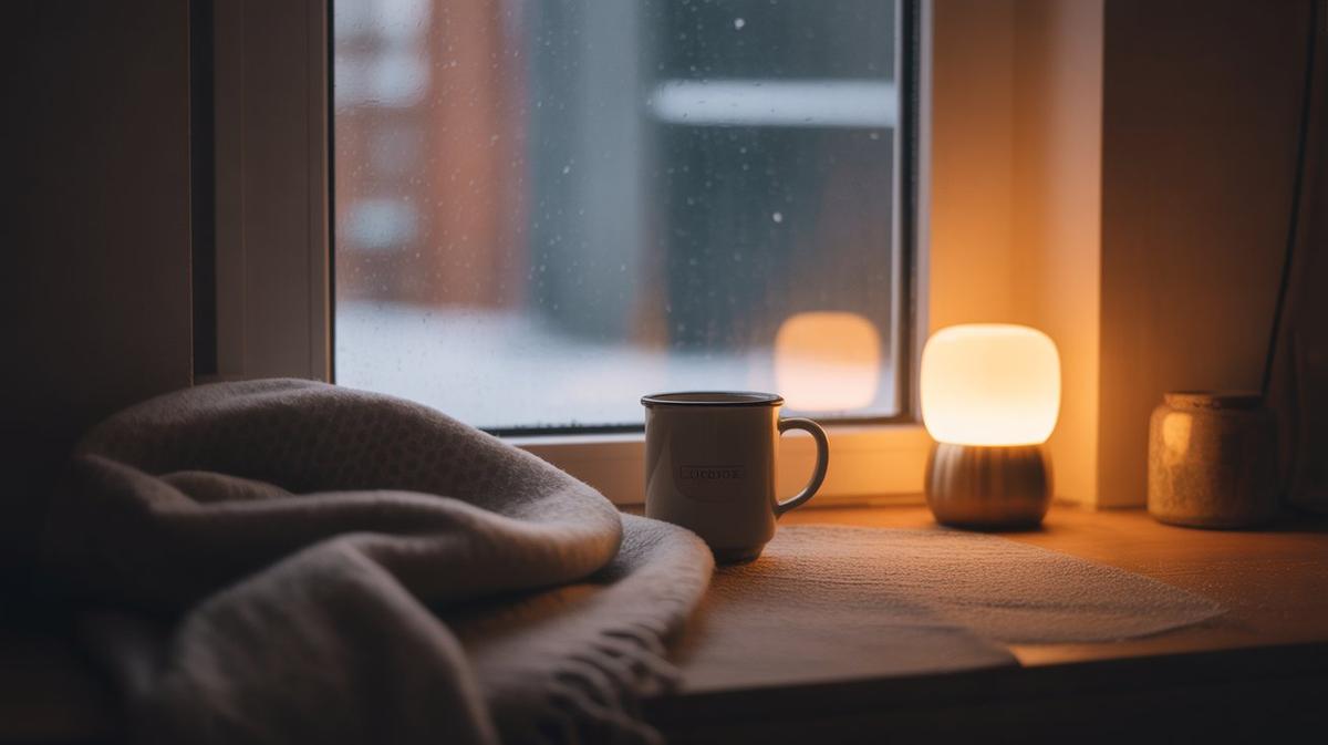 Cosy interior with a mug and snow outside