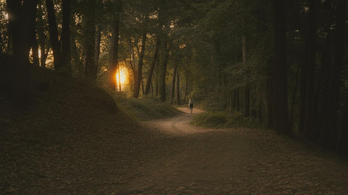 Forest trail at golden hour with a distant walker