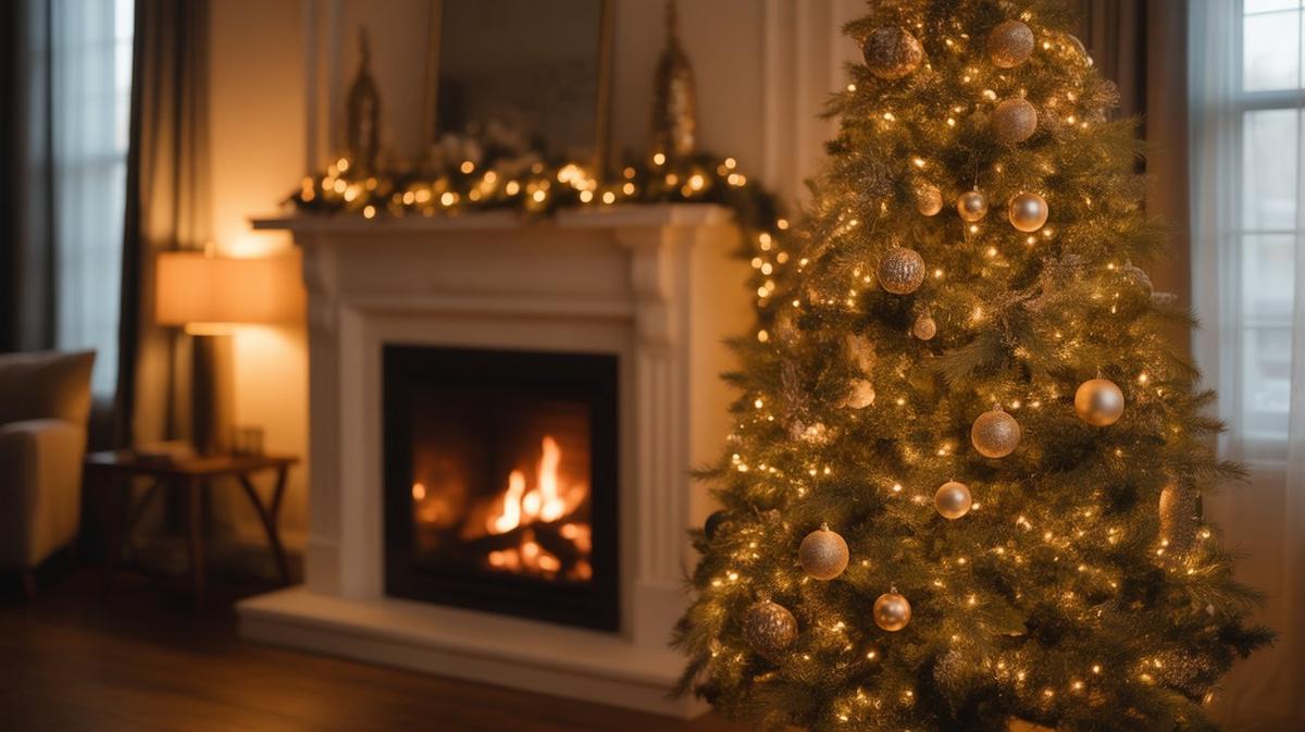 Warm living room with a glowing Christmas tree