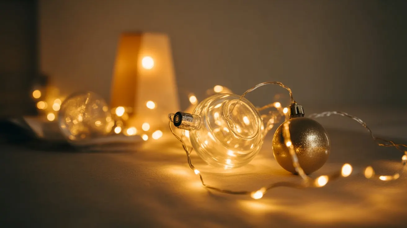 Warm fairy lights and ornaments glowing