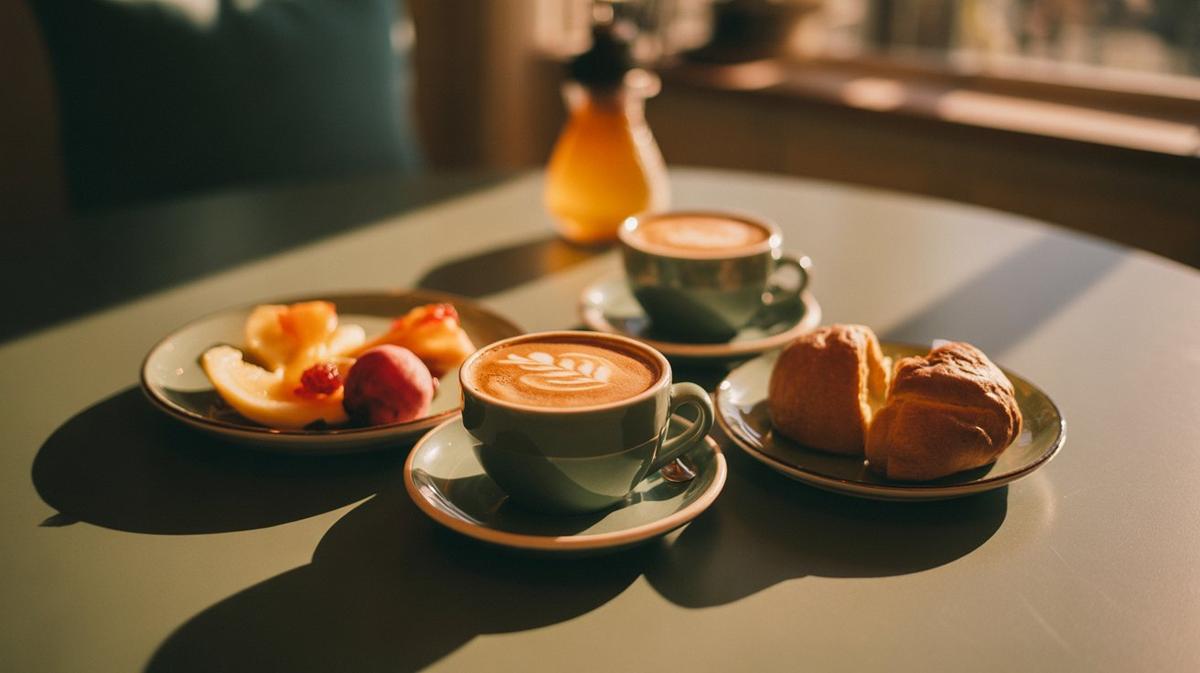 Sunlit brunch table with coffee and pastries