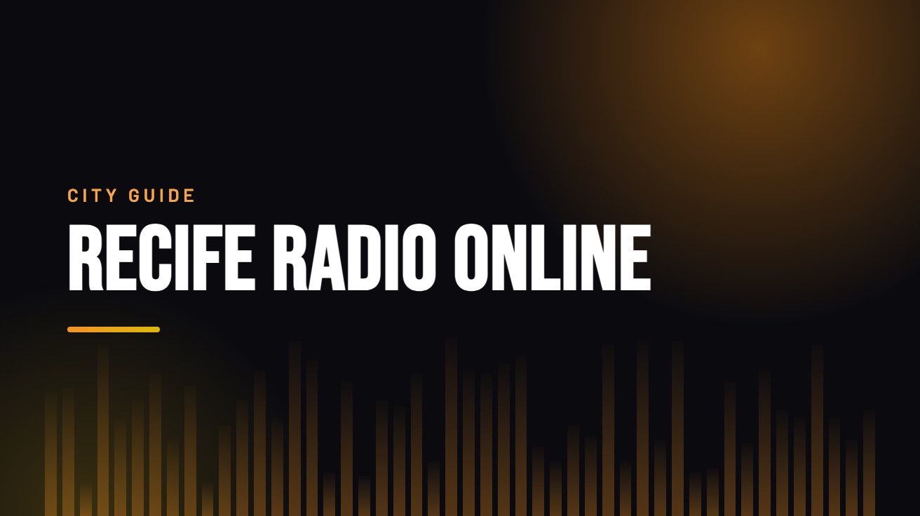 Title card for the guide: Recife Radio Online, in amber on black with an equaliser motif