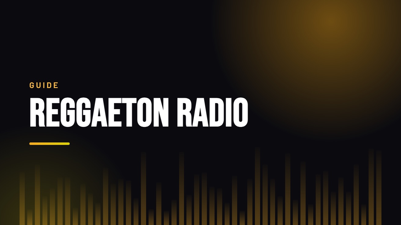 Title card for the guide: Reggaeton Radio Online, in amber on black with an equaliser motif