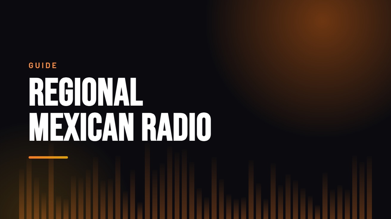 Title card for the guide: Regional Mexican Radio, in amber on black with an equaliser motif