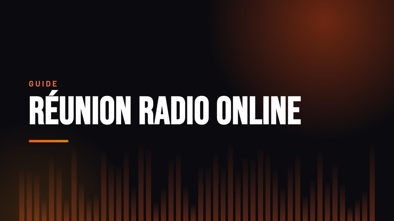 Title card for the guide: Réunion Radio Online, in amber on black with an equaliser motif