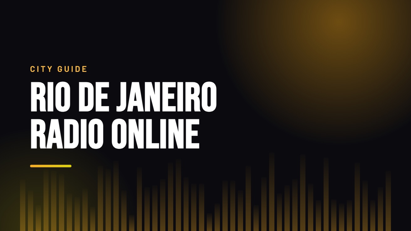 Title card for the guide: Rio de Janeiro Radio Online, in amber on black with an equaliser motif