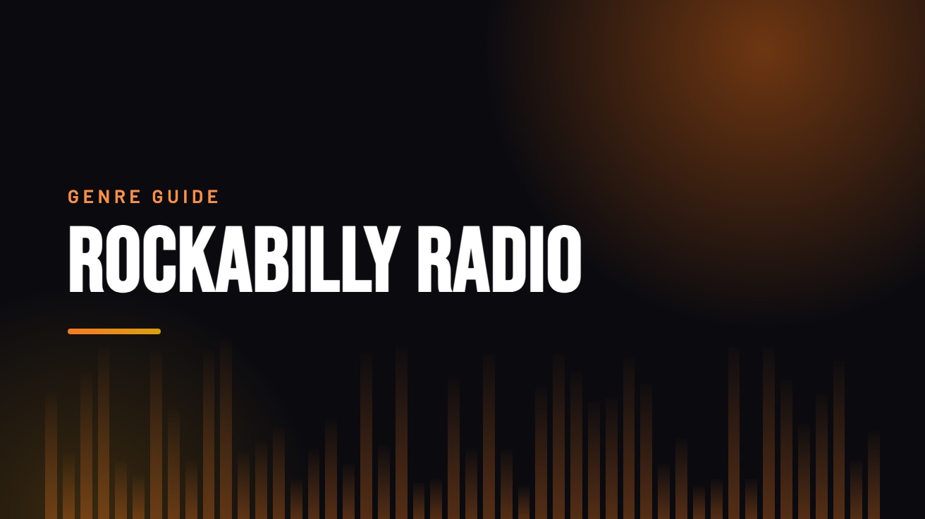 Title card for the guide: Rockabilly Radio, in amber on black with an equaliser motif