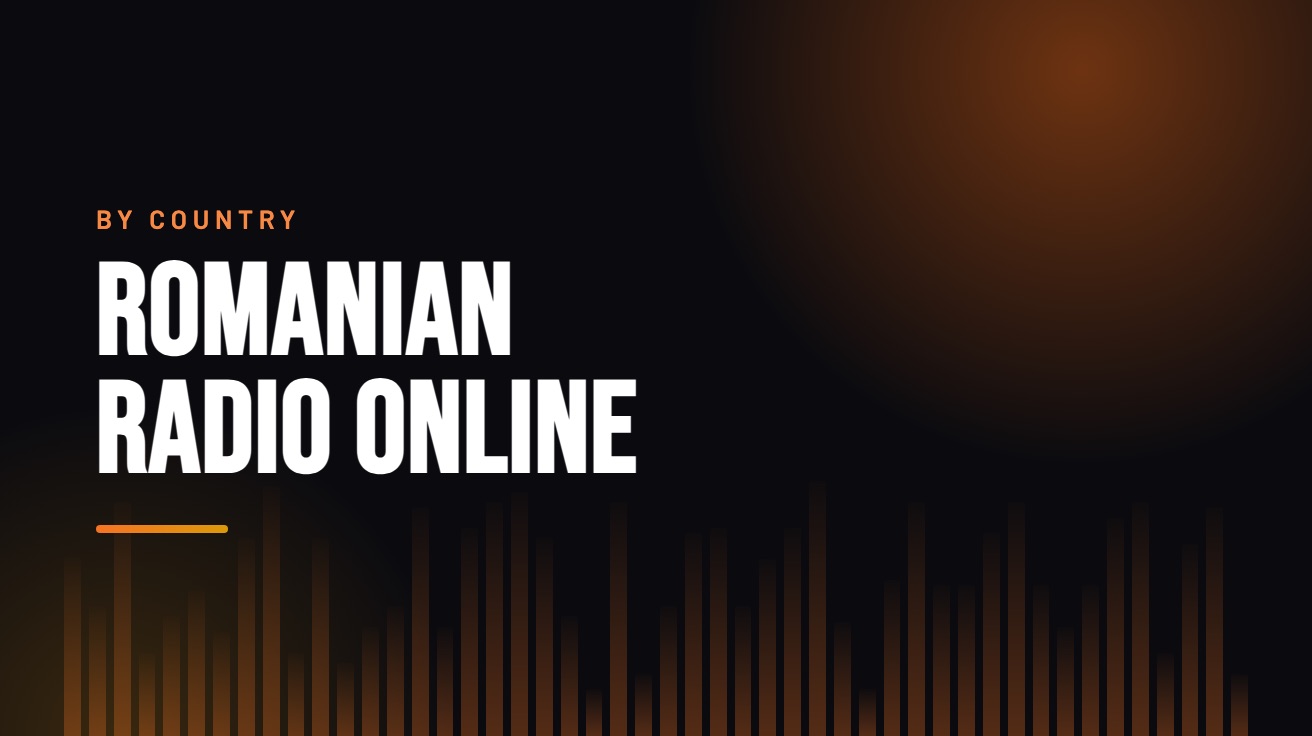 Title card for the guide: Romanian Radio Online, in amber on black with an equaliser motif