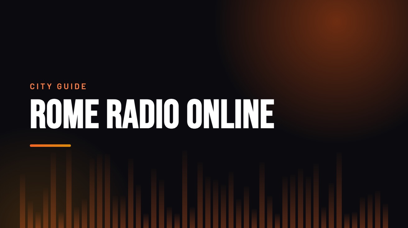 Title card for the guide: Rome Radio Online, in amber on black with an equaliser motif