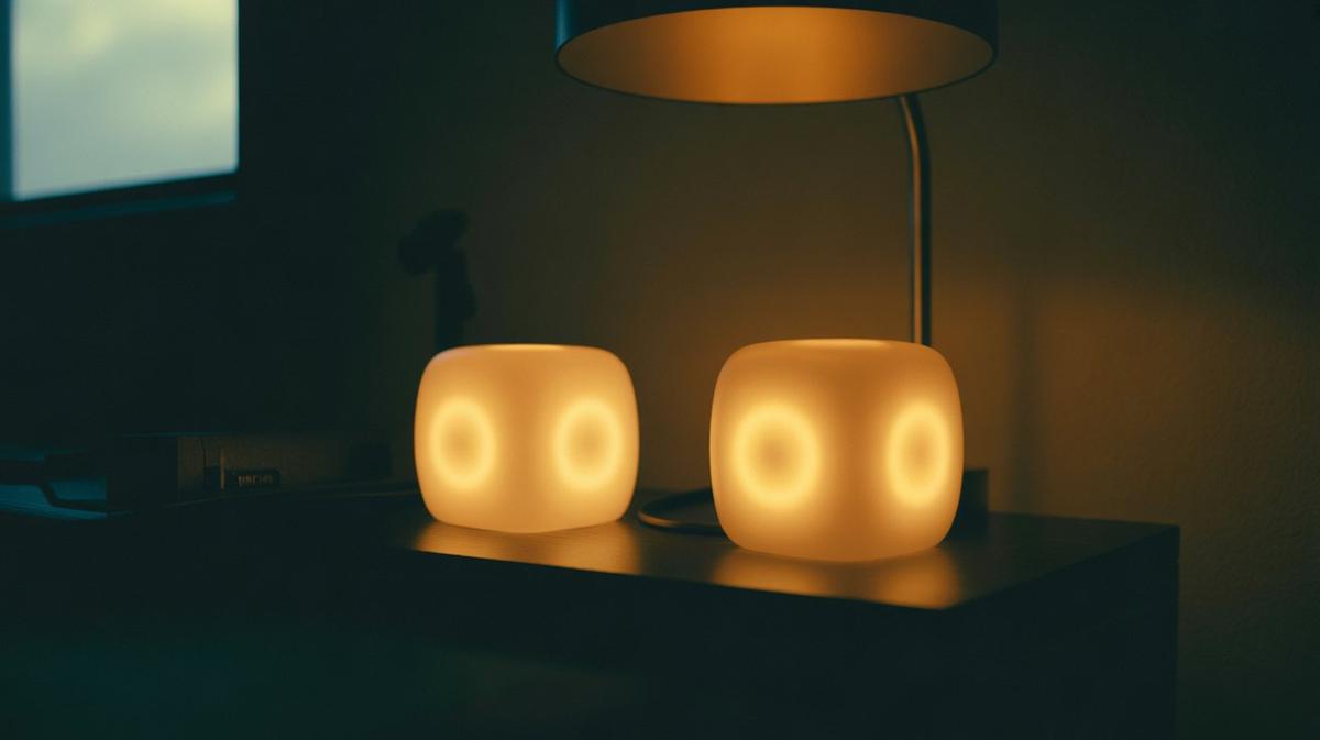 Two glowing music players on a dark desk